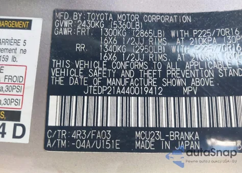 2004 Toyota Highlander V6 from USA, damaged, VIN JTEDP21A440019412